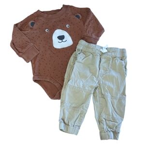 CARTER'S Brown and Tan Bear Long Sleeve Onesie Pants Outfit